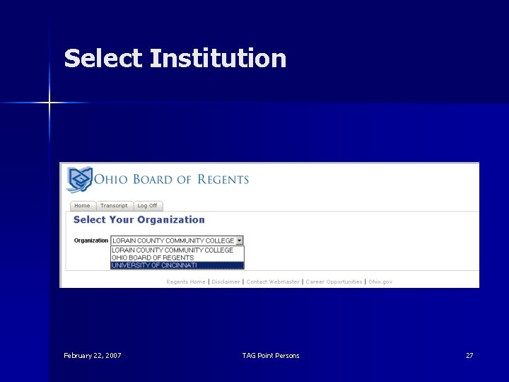 Select Institution February 22, 2007 TAG Point Persons 27 