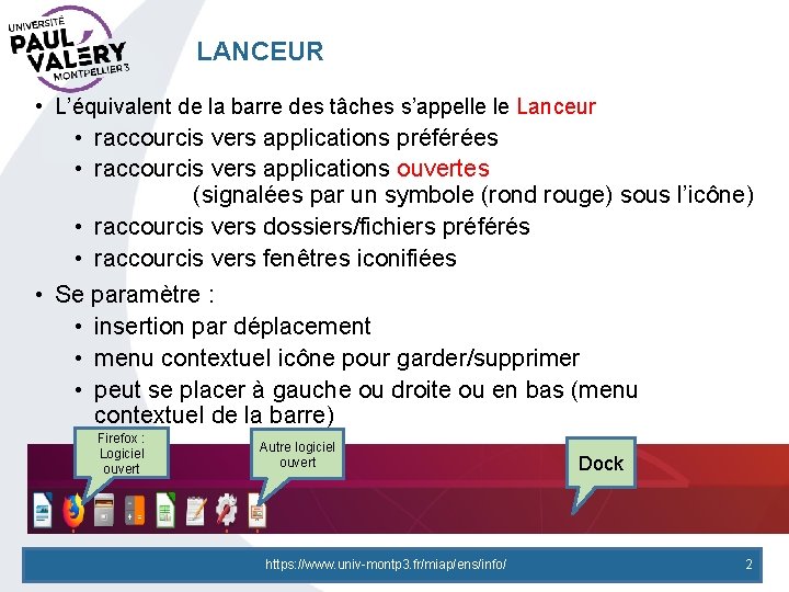 LANCEUR • L’équivalent de la barre des tâches s’appelle le Lanceur • raccourcis vers