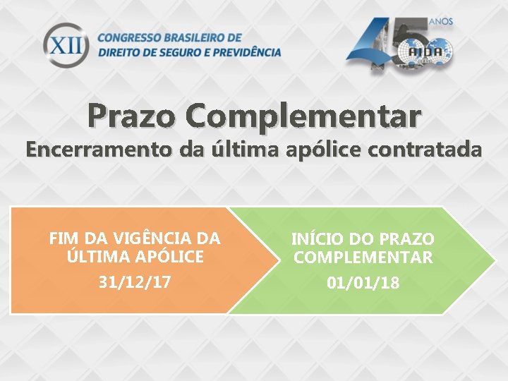 Prazo Complementar Encerramento da última apólice contratada FIM DA VIGÊNCIA DA ÚLTIMA APÓLICE 31/12/17