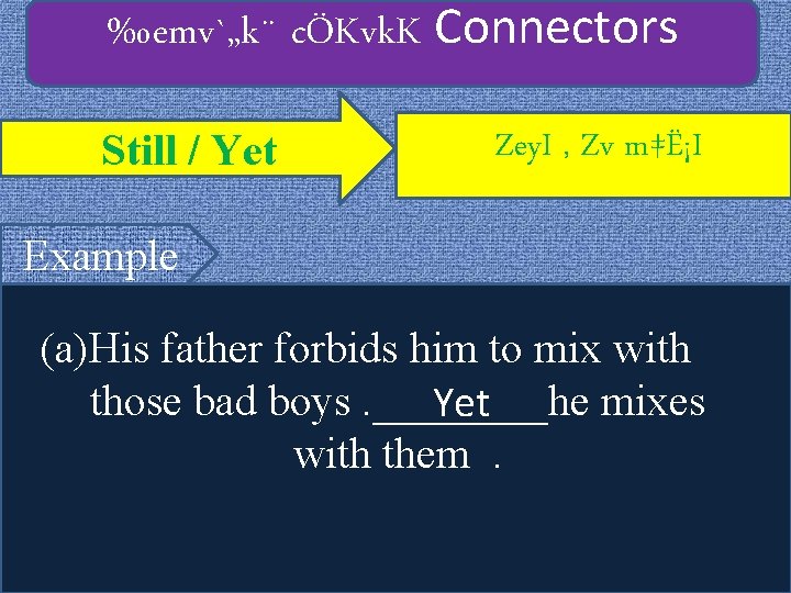 ‰emv`„k¨ cÖKvk. K Connectors Still / Yet Zey. I , Zv m‡Ë¡I Example (a)His