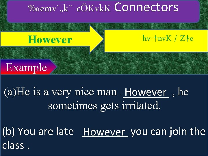 ‰emv`„k¨ cÖKvk. K Connectors However hv †nv. K / Z‡e Example (a)He is a