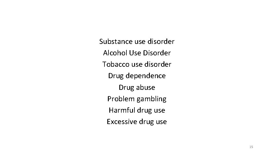 Substance use disorder Alcohol Use Disorder Tobacco use disorder Drug dependence Drug abuse Problem