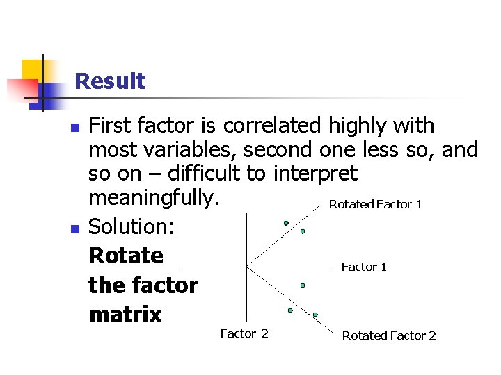 Result n n First factor is correlated highly with most variables, second one less