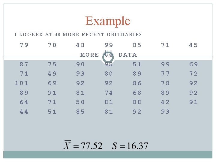 Example I LOOKED AT 48 MORE RECENT OBITUARIES 79 70 87 71 101 89