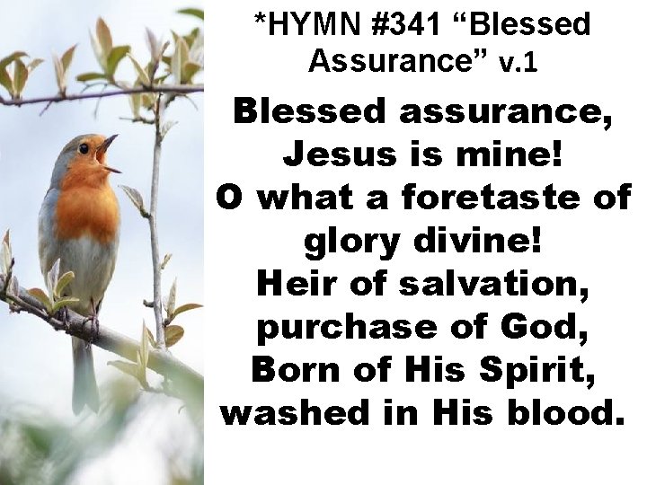 *HYMN #341 “Blessed Assurance” v. 1 Blessed assurance, Jesus is mine! O what a