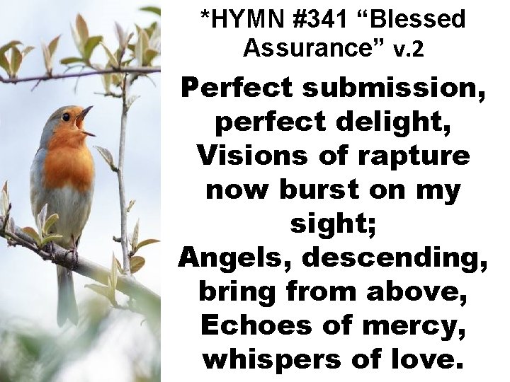 *HYMN #341 “Blessed Assurance” v. 2 Perfect submission, perfect delight, Visions of rapture now