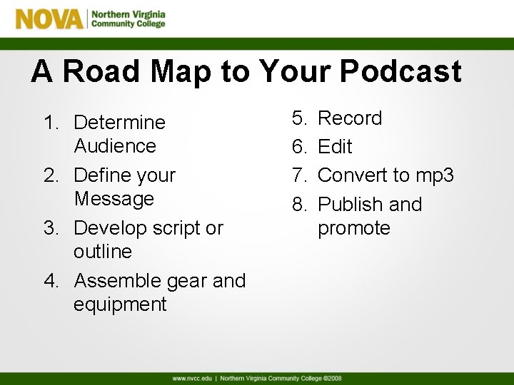 A Road Map to Your Podcast 1. Determine Audience 2. Define your Message 3.