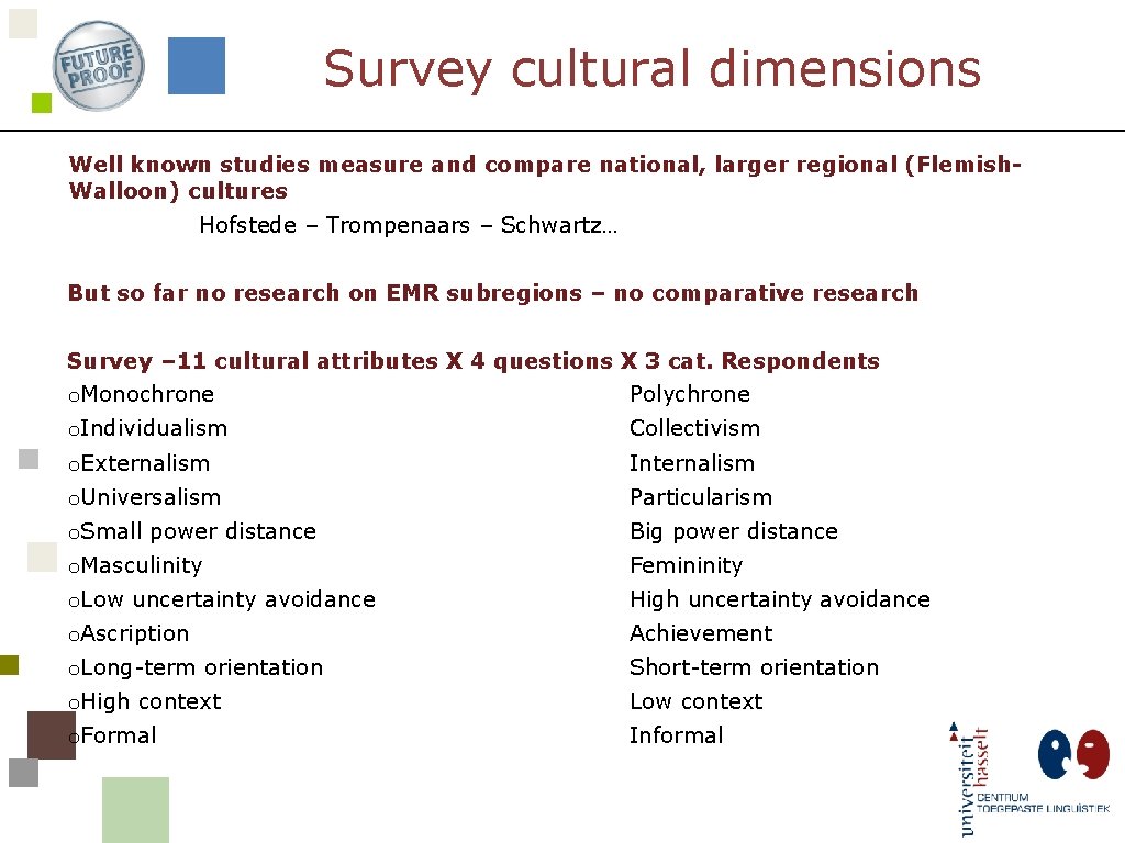 Survey cultural dimensions Well known studies measure and compare national, larger regional (Flemish. Walloon)