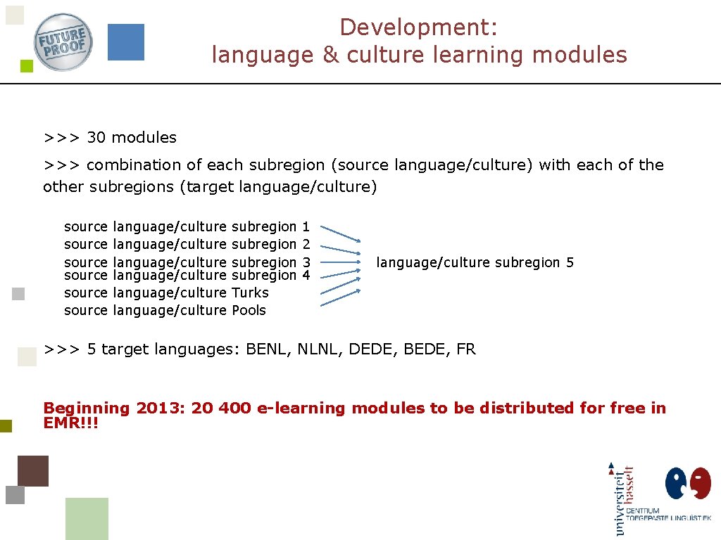 Development: language & culture learning modules >>> 30 modules >>> combination of each subregion