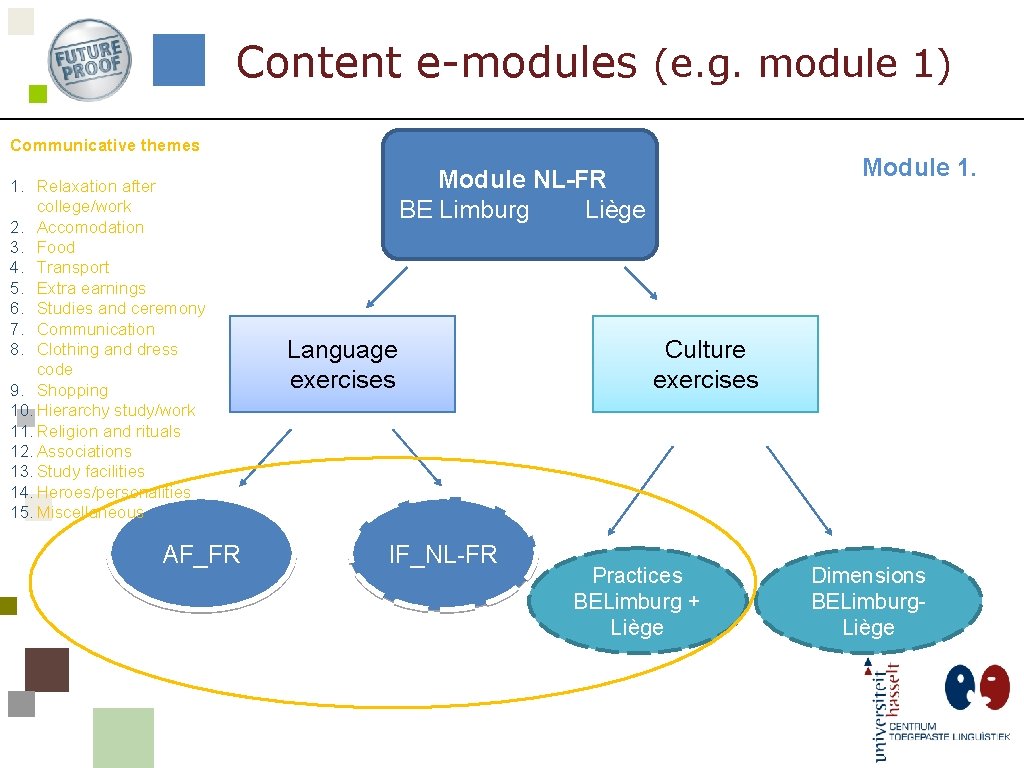 Content e-modules (e. g. module 1) Communicative themes 1. Relaxation after college/work 2. Accomodation