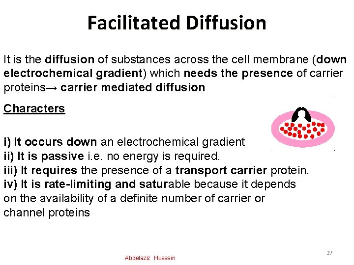 Facilitated Diffusion It is the diffusion of substances across the cell membrane (down electrochemical