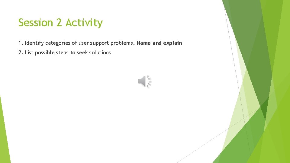 Session 2 Activity 1. Identify categories of user support problems. Name and explain 2.