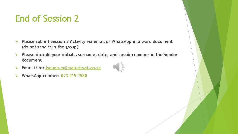 End of Session 2 Ø Please submit Session 2 Activity via email or Whats.