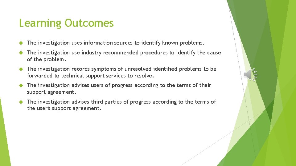 Learning Outcomes The investigation uses information sources to identify known problems. The investigation use