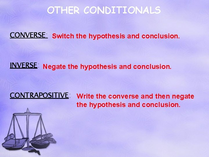 OTHER CONDITIONALS CONVERSE: Switch the hypothesis and conclusion. INVERSE: Negate the hypothesis and conclusion.