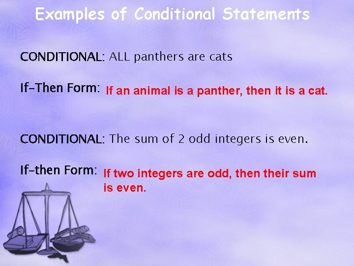 Examples of Conditional Statements CONDITIONAL: ALL panthers are cats If-Then Form: If an animal