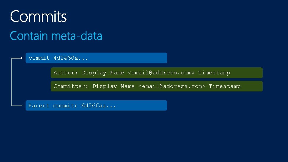 commit 4 d 2460 a. . . Author: Display Name <email@address. com> Timestamp Committer: