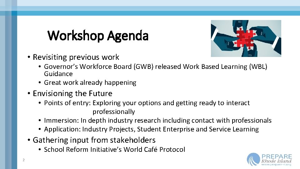 Workshop Agenda • Revisiting previous work • Governor’s Workforce Board (GWB) released Work Based Workshop Agenda • Revisiting previous work • Governor’s Workforce Board (GWB) released Work Based