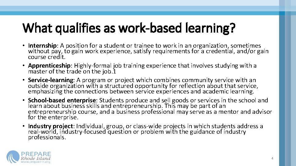 What qualifies as work-based learning? • Internship: A position for a student or trainee What qualifies as work-based learning? • Internship: A position for a student or trainee