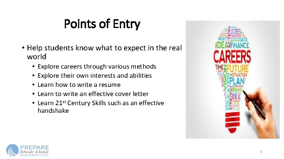 Points of Entry • Help students know what to expect in the real world Points of Entry • Help students know what to expect in the real world