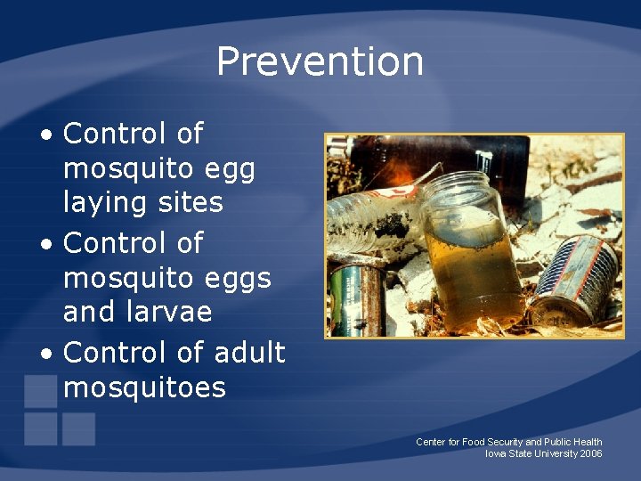 Prevention • Control of mosquito egg laying sites • Control of mosquito eggs and