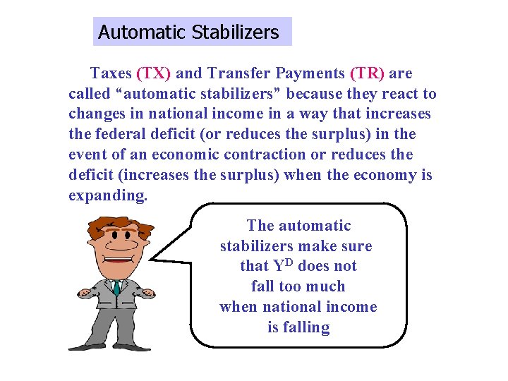 Automatic Stabilizers Taxes (TX) and Transfer Payments (TR) are called “automatic stabilizers” because they
