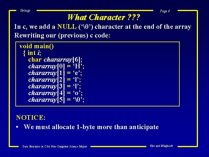 Strings Page 4 What Character ? ? ? In c, we add a NULL