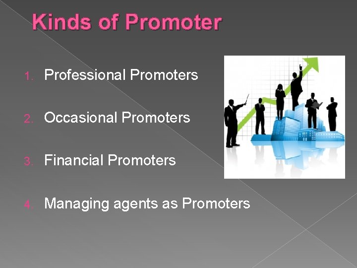 Kinds of Promoter 1. Professional Promoters 2. Occasional Promoters 3. Financial Promoters 4. Managing