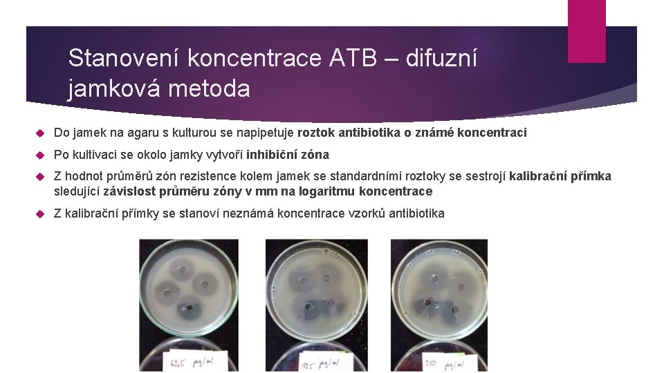 Stanovení koncentrace ATB – difuzní jamková metoda Do jamek na agaru s kulturou se