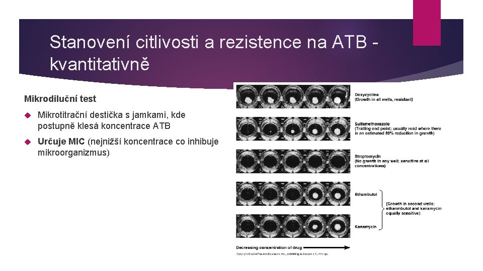 Stanovení citlivosti a rezistence na ATB kvantitativně Mikrodiluční test Mikrotitrační destička s jamkami, kde