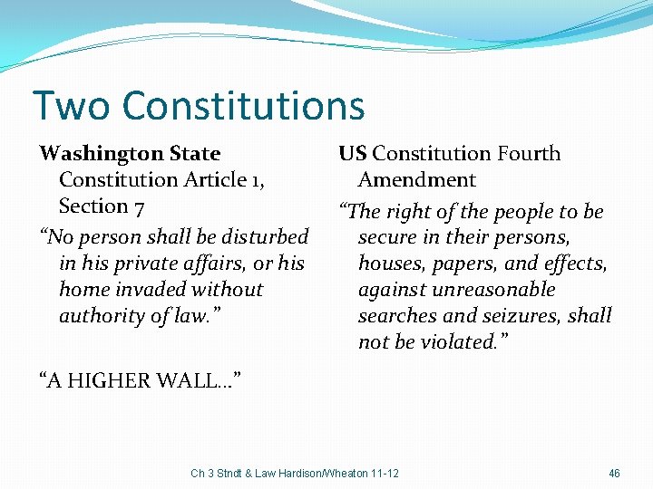 Two Constitutions Washington State Constitution Article 1, Section 7 “No person shall be disturbed