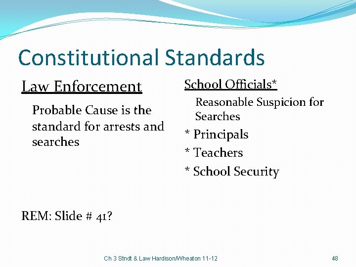 Constitutional Standards Law Enforcement Probable Cause is the standard for arrests and searches School