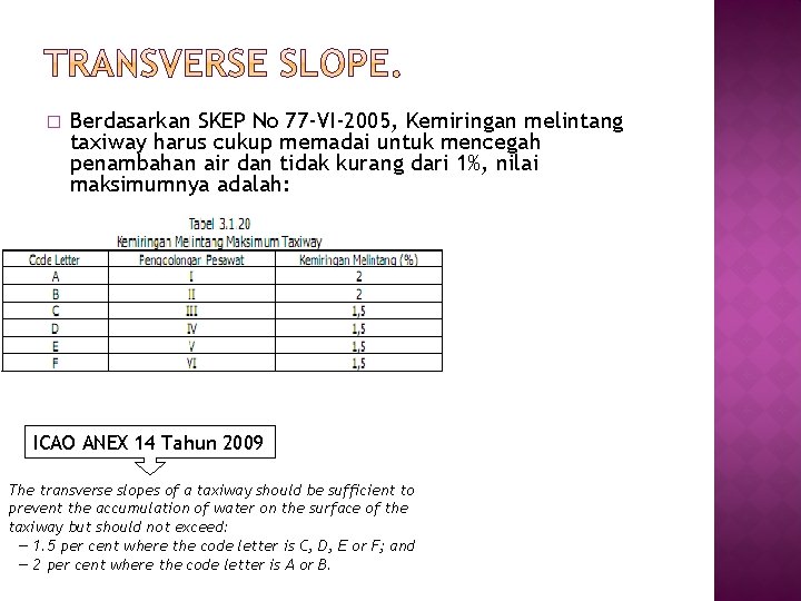 � Berdasarkan SKEP No 77 -VI-2005, Kemiringan melintang taxiway harus cukup memadai untuk mencegah