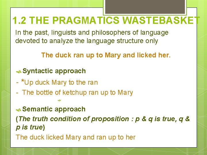 1. 2 THE PRAGMATICS WASTEBASKET In the past, linguists and philosophers of language devoted 1. 2 THE PRAGMATICS WASTEBASKET In the past, linguists and philosophers of language devoted