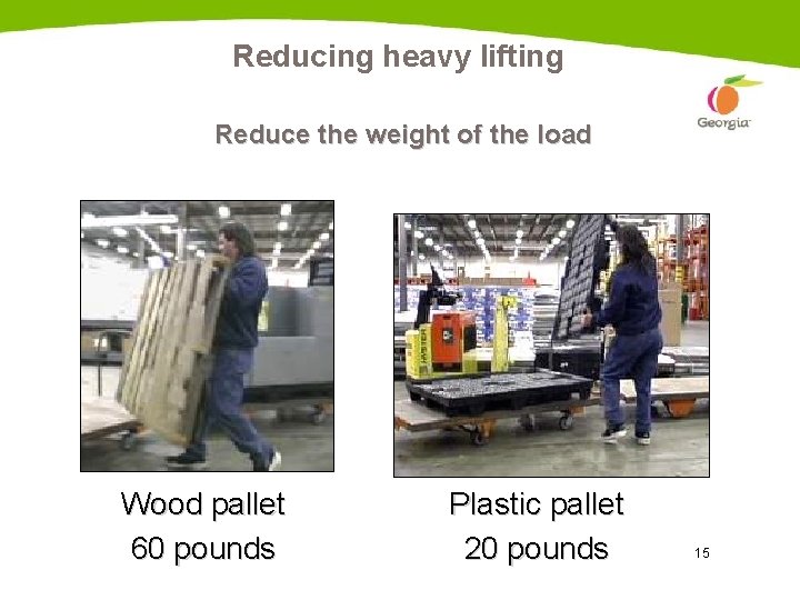 Reducing heavy lifting Reduce the weight of the load Wood pallet 60 pounds Plastic