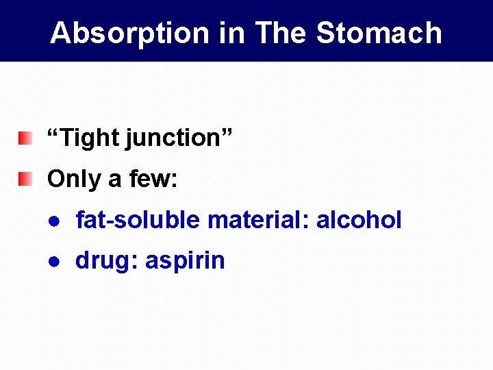 Absorption in The Stomach “Tight junction” Only a few: ● fat-soluble material: alcohol ●