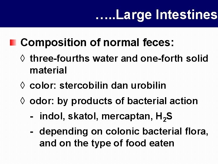 …. . Large Intestines Composition of normal feces: ◊ three-fourths water and one-forth solid