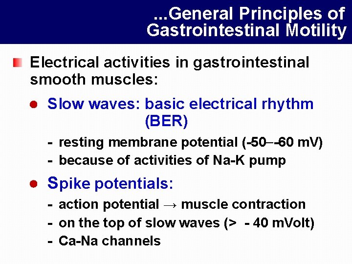 . . . General Principles of Gastrointestinal Motility Electrical activities in gastrointestinal smooth muscles: