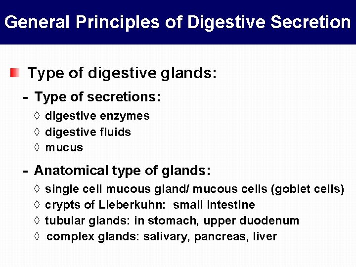 General Principles of Digestive Secretion Type of digestive glands: - Type of secretions: ◊