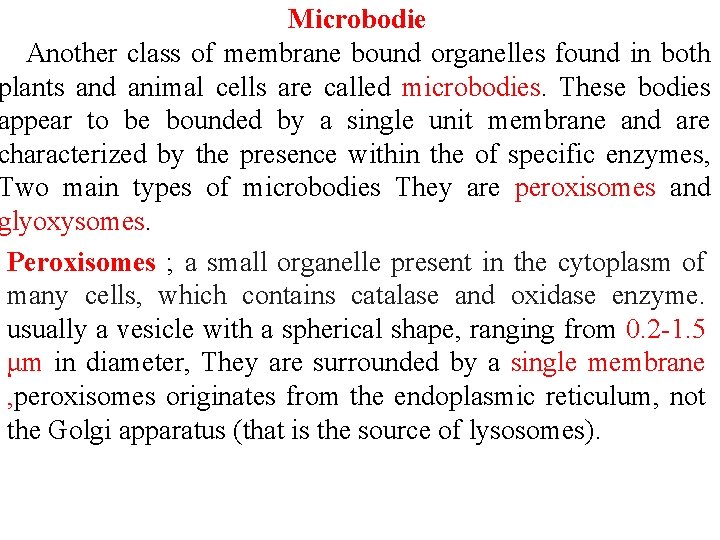 Microbodie Another class of membrane bound organelles found in both plants and animal cells