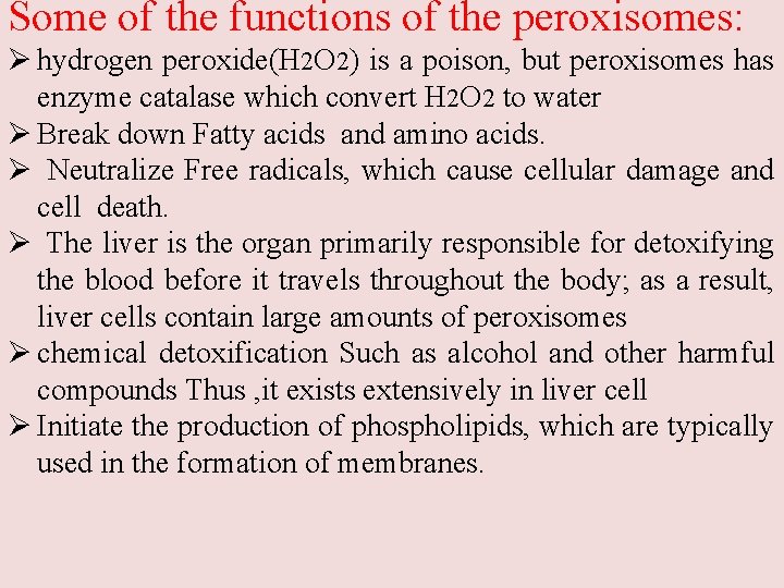 Some of the functions of the peroxisomes: Ø hydrogen peroxide(H 2 O 2) is