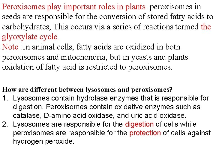 Peroxisomes play important roles in plants. peroxisomes in seeds are responsible for the conversion