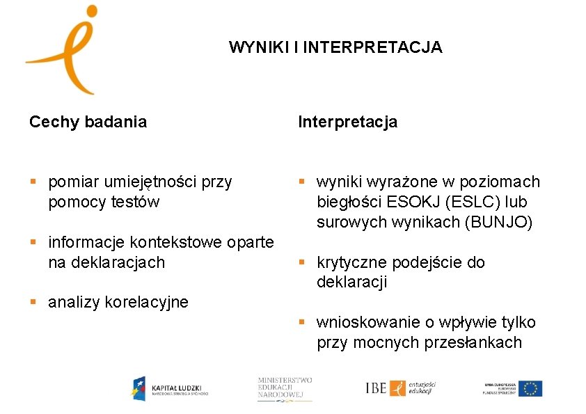 WYNIKI I INTERPRETACJA Cechy badania Interpretacja § pomiar umiejętności przy pomocy testów § wyniki