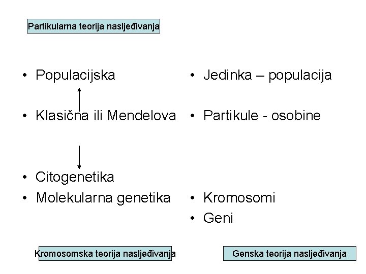 Partikularna teorija nasljeđivanja • Populacijska • Jedinka – populacija • Klasična ili Mendelova •