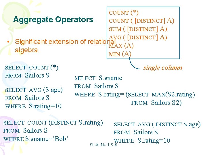  • COUNT (*) Aggregate Operators COUNT ( [DISTINCT] A) SUM ( [DISTINCT] A)