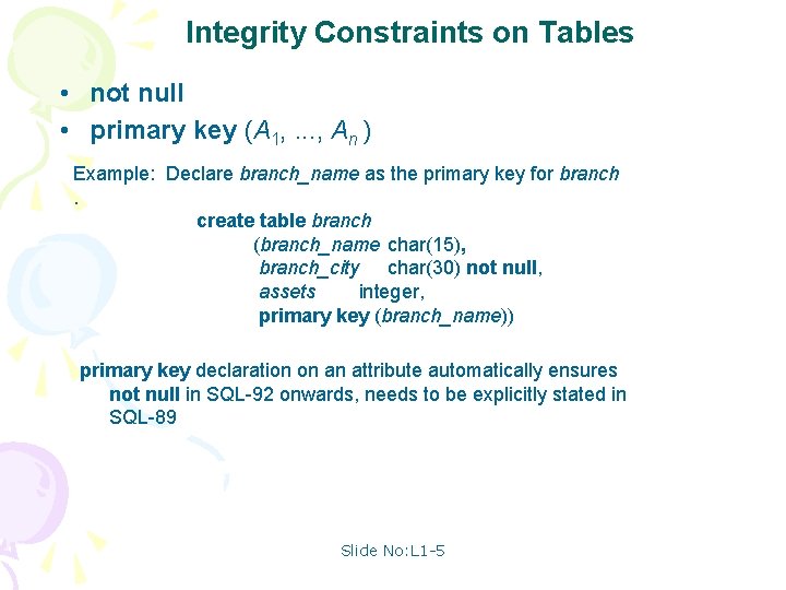 Integrity Constraints on Tables • not null • primary key (A 1, . .