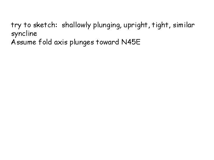 try to sketch: shallowly plunging, upright, tight, similar syncline Assume fold axis plunges toward