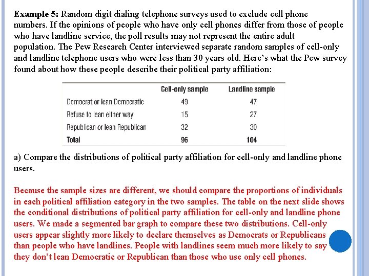 Example 5: Random digit dialing telephone surveys used to exclude cell phone numbers. If
