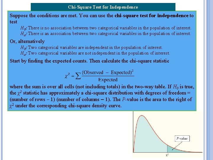 Chi-Square Test for Independence Suppose the conditions are met. You can use the chi-square