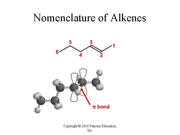 Nomenclature of Alkenes 2 -hexene bond Copyright © 2010 Pearson Education, Inc. Nomenclature of Alkenes 2 -hexene bond Copyright © 2010 Pearson Education, Inc.